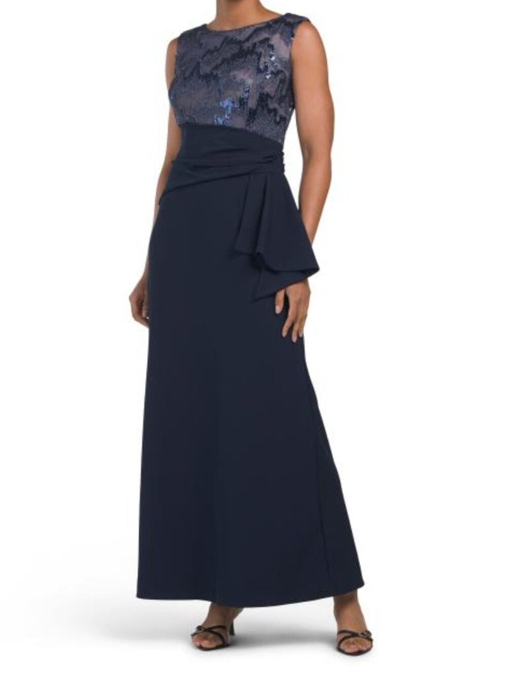BRIANNA MILAY Metallic Embroidered Side Cascade Gown